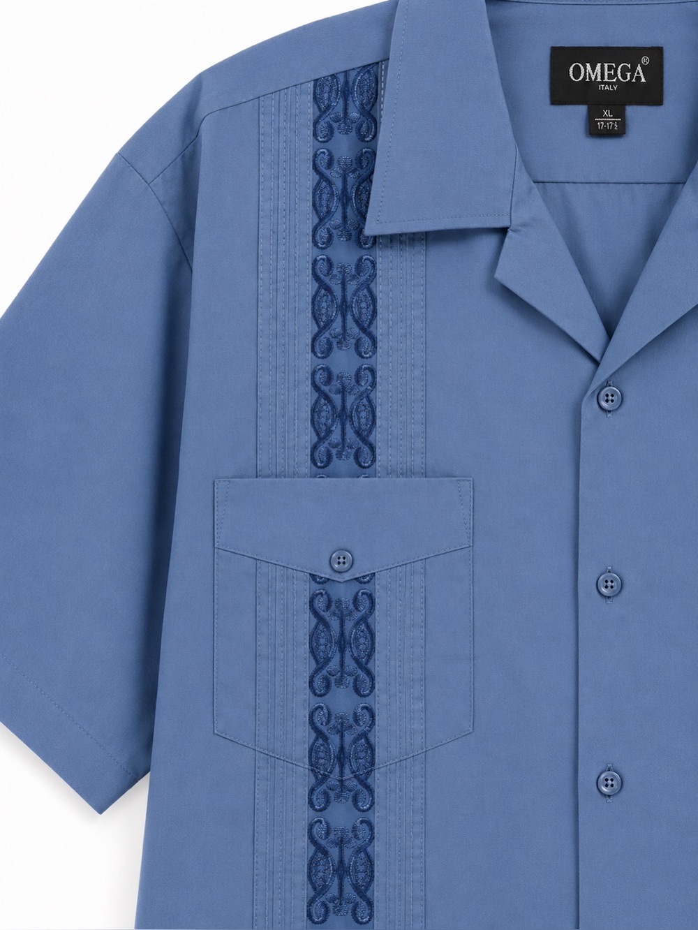 Omega Italy Guayabera Shirt XL Blue Embroidered Camp Collar 4 Pocket NWT Men - Picture 5 of 7